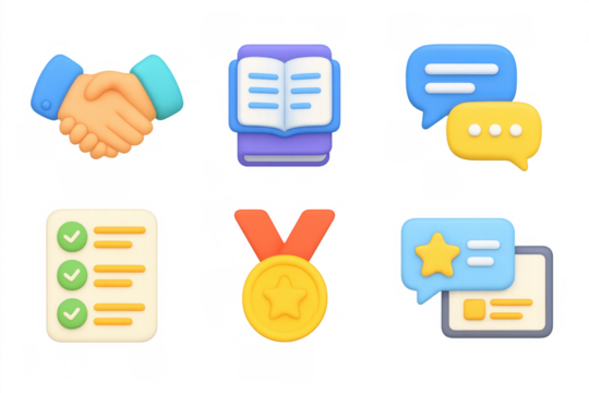 3d icons of communication, achievement, and collaboration with vibrant colors