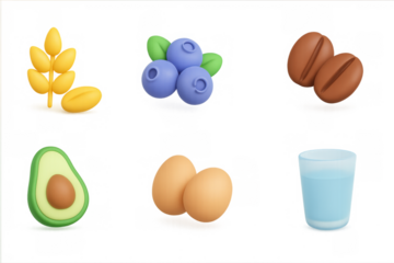 3d realistic food icons set: wheat, berries, coffee, avocado, egg, and milk