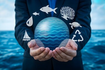 Businessman holding globe symbolizing ocean conservation depicting respons