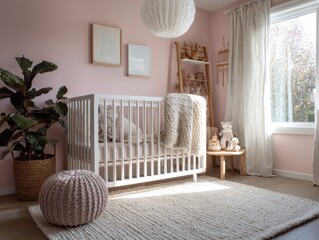 A light, airy nursery decorated in soft pinks and neutrals, featuring a white crib, knitted accents, and natural textures.