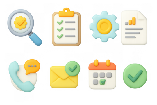 Colorful 3d business and communication icons set with checklist and calendar