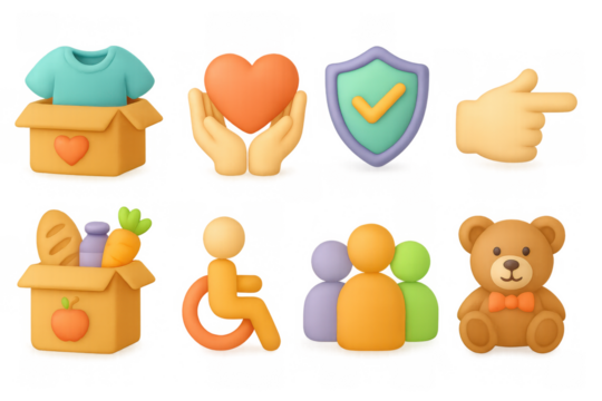 Colorful 3d icons for charity, community support, and inclusivity