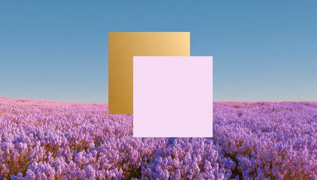 Golden and pale pink squares overlay a vibrant purple flower field under a clear blue sky