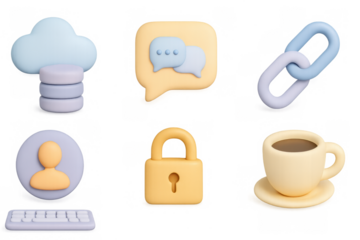 3d pastel icons: cloud, chat, chain, profile, lock, coffee cup
