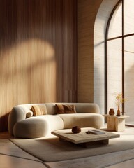 A modern living room boasts a curvaceous beige sectional sofa, a light-brown coffee table, and warm-toned wood paneling, bathed in natural light.