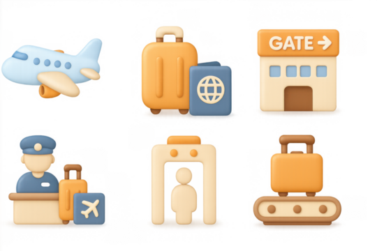 Cute airport icons set featuring airplane, luggage, gate, security, and travel essentials