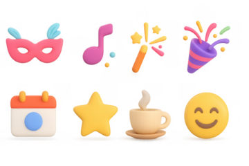 Colorful 3d celebration icons set featuring party themes and festive elements