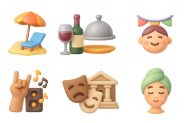 Whimsical collection of 3d emoji icons representing travel, entertainment, and relaxation