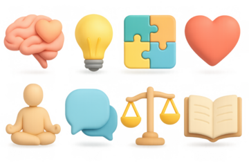 3d icon set: brain, light bulb, puzzle, heart, meditation, chat, balance, book