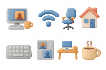 Cozy home office icons: 3d style for remote work and communication