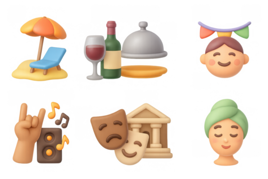 Whimsical collection of 3d emoji icons representing travel, entertainment, and relaxation