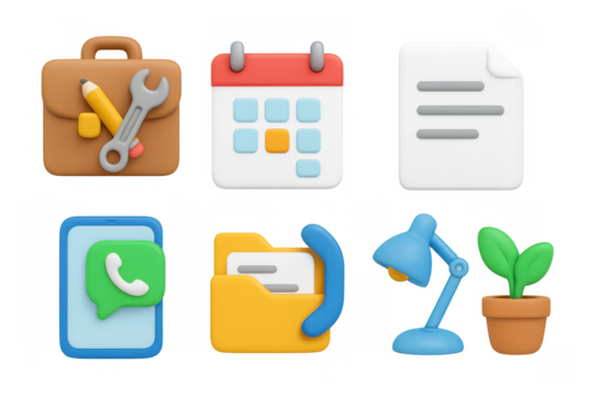 Colorful 3d icons for office tools, communication, and organization