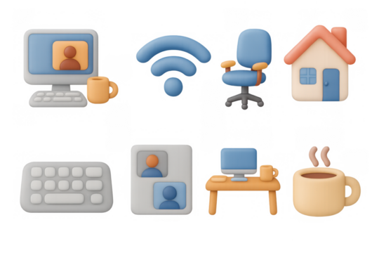 Cozy home office icons: 3d style for remote work and communication