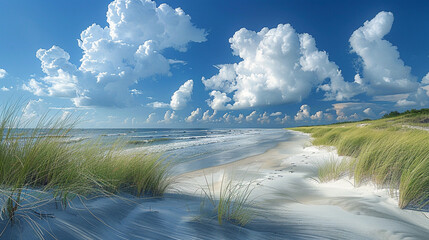 A breathtaking coastal paradise where soft white sands meet rolling ocean waves, tall grasses sway in the breeze, and towering clouds drift across a vibrant blue sky, evoking peace, serenity, and natu