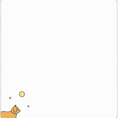 Minimalistic Illustration of a Relaxed Orange Cat Playfully Watching Floating Bubbles in a Vast White Space