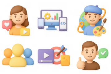 Cartoon 3d characters and devices with social and creative themes