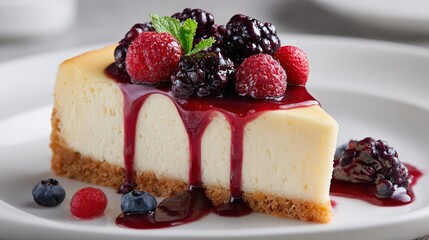 Slice of creamy cheesecake with mixed berries and drizzled berry sauce on a white plate