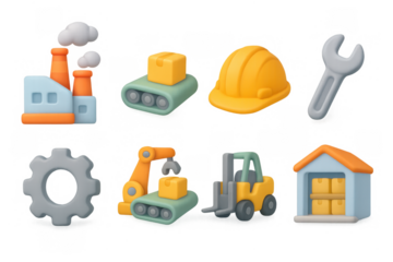 Colorful 3d icons of industrial and construction tools and machinery