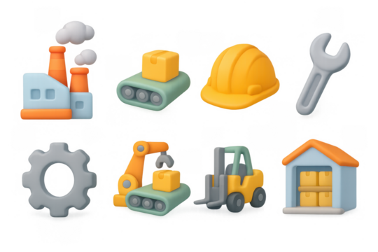 Colorful 3d icons of industrial and construction tools and machinery