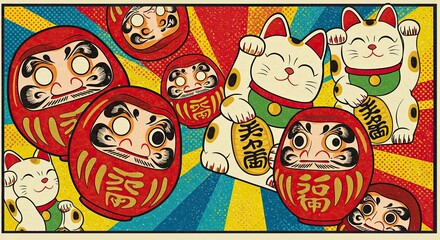 A vibrant pop art illustration of Japanese good luck charms, featuring red Daruma dolls and white Maneki-neko beckoning cats.