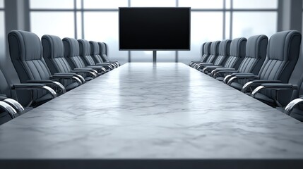 A long conference table with dark leather chairs faces a blank screen, evoking a sense of anticipation and formal discussion within a modern, minimalist setting.