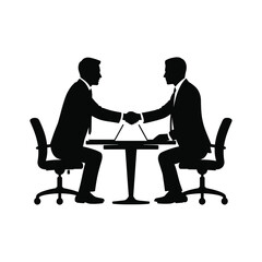 Obraz premium Business handshake between two men sitting at a table with laptops professional agreement success