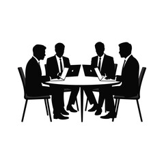 Four business people in silhouette sitting at a round table with laptops in a meeting