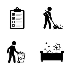 Cleaning activities with checklist, trash disposal, and tidy sofa  
