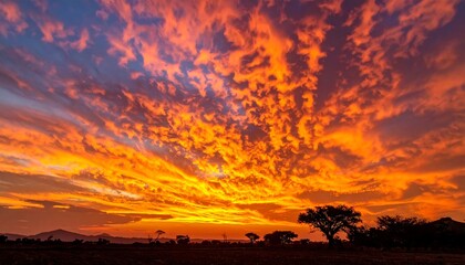 Fiery sunset sky over savanna