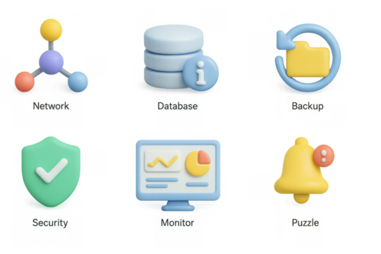 3d icons for data management: network, database, backup, security, monitoring, alerts
