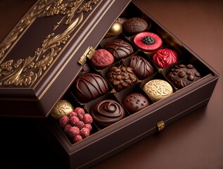 Elegant open box of assorted chocolate candies on brown background