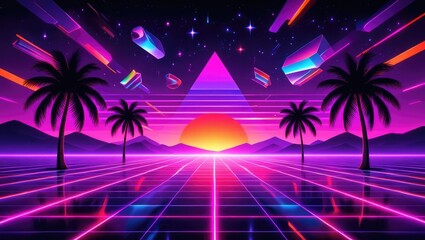 Retro neon sunset with palm trees and glowing geometric shapes, evoking synthwave nostalgia. Generative AI.