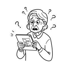 Elderly woman looking confused while holding a tablet device  