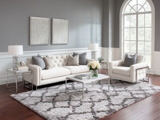 A stylish living room with a neutral color palette, featuring a comfortable white sofa and armchairs, complemented by sleek metallic accents and a textured area rug.