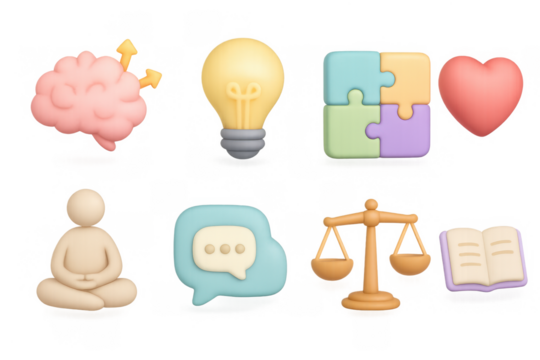 Colorful 3d icons of brain, light bulb, puzzle, heart, and more for creative concepts