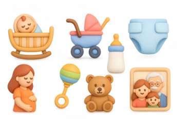 Charming 3d baby elements collection: cradle, stroller, and family portrait