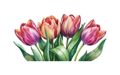 Watercolor painting of red and pink tulips isolated against white background
