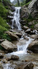Obraz premium Pristine Mountain Waterfall Cascading Over Rocky Terrain