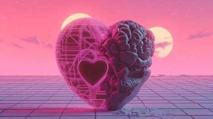 Heart-brain split, futuristic, pink-purple