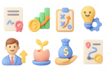3d business strategy icon set with growth and success symbols