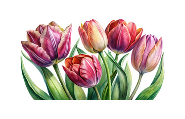 A Watercolor Painting of Vibrant and Colorful Tulip Flowers on White Background