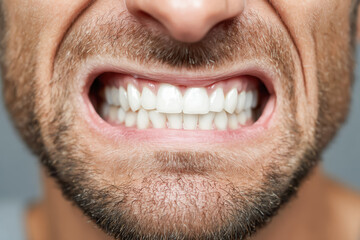 Close up of man clenching his teeth showing stress, anger or dental problem. Concept of bruxism, anxiety or oral health issues in adult men.