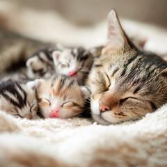 Fototapeta premium Mother cat cuddling newborn kittens while sleeping on soft blanket. Adorable moment symbolizing love, protection and animal family bond.
