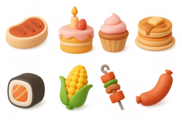 Cute 3d food icons: dessert, breakfast, and snack collection