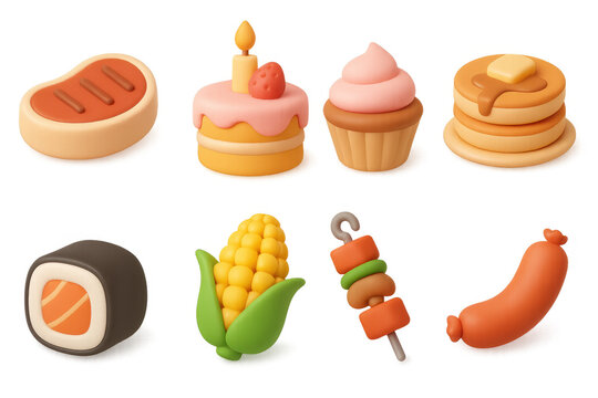 Cute 3d food icons: dessert, breakfast, and snack collection