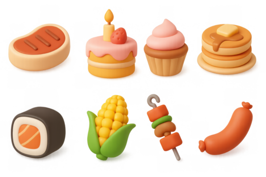 Cute 3d food icons: dessert, breakfast, and snack collection