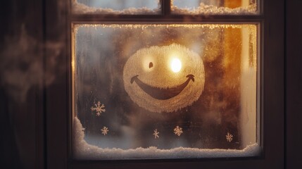 A smiley face drawn on a frosty windowpane, illuminated from within