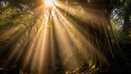 Fototapeta premium Sunlight breaks through dense forest canopy, illuminating mossy ground and creating a magical natural scene. Generative AI.