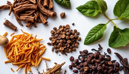 Obraz premium Herbal Tea Ingredients with Adaptogenic Plants Minimalist Setting