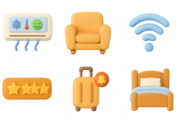 3d icons of hotel amenities: air conditioning, wifi, luggage, bed, armchair, reviews
